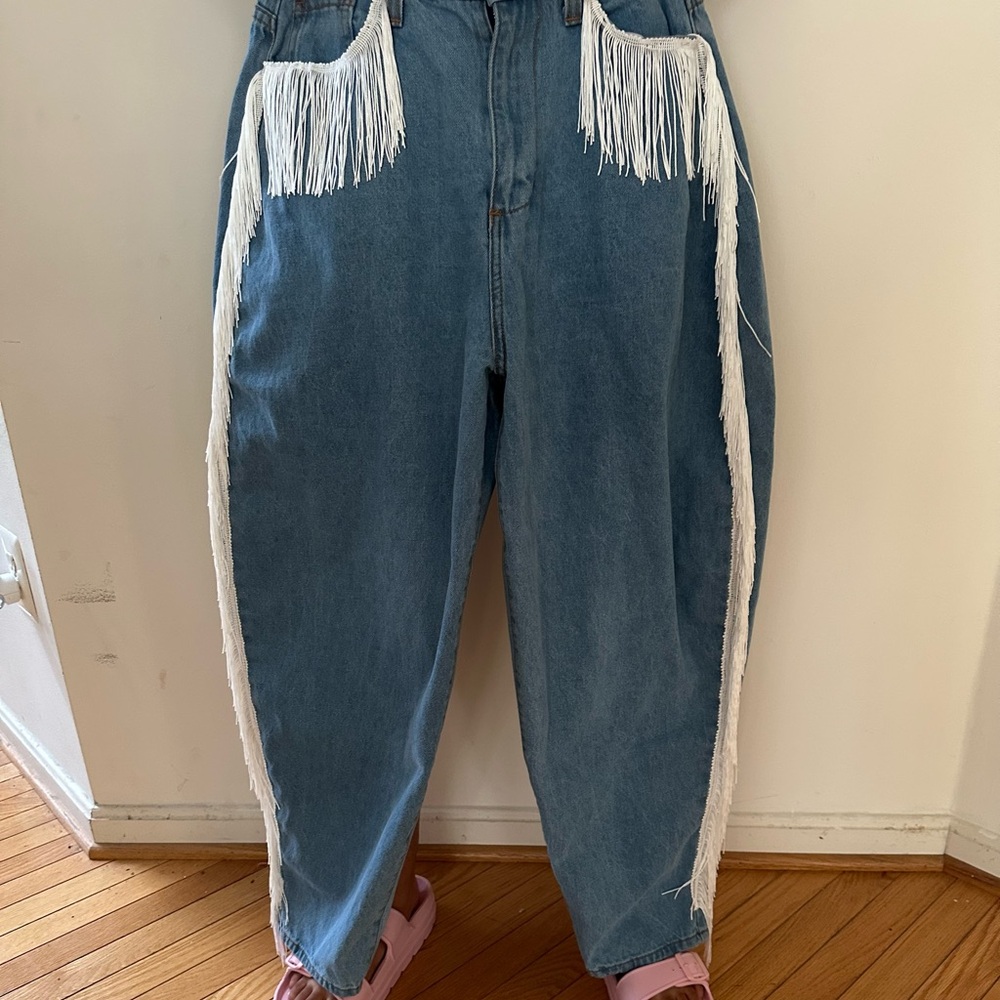 Custom Denim Jeans with White Fringe